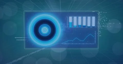 Image of financial data processing over screen on blue background Illustrazione stock
