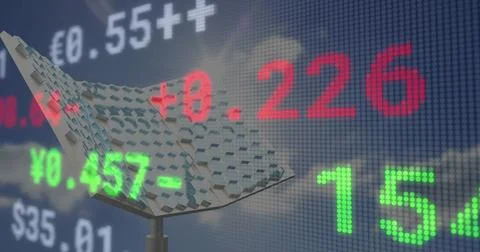 Image of financial data processing over solar panel 库存插图