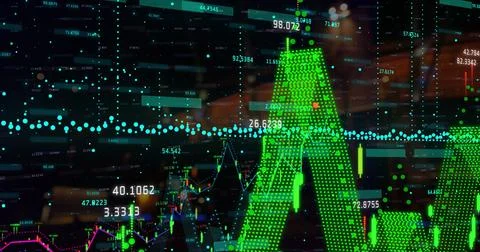 Image of financial data processing over cityscape Stock Illustration