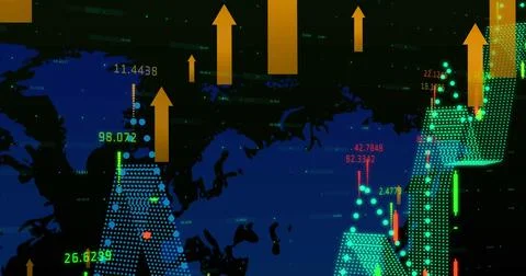 Image of financial data processing over dark background Illustrazione stock