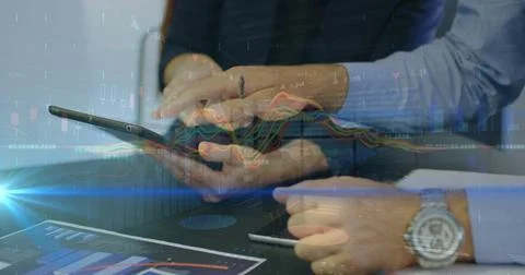 Image of financial data processing over working business people 스톡 일러스트
