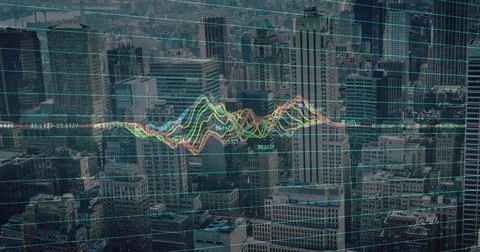 Image of financial data processing over digital screen and grid Illustrazione stock