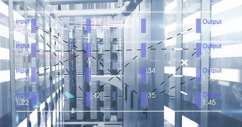 Image of financial data processing over server room Illustrazione stock