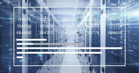 Image of financial data processing over server room 스톡 일러스트