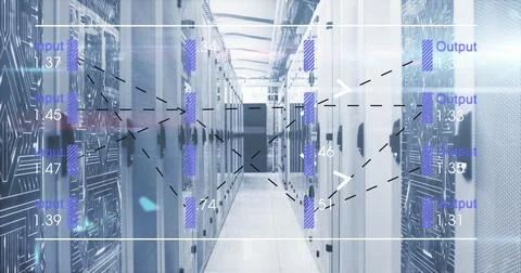 Image of financial data processing over server room イラスト素材