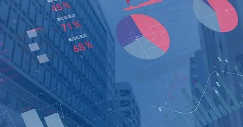 Image of financial data processing over cityscape Stockillustratie