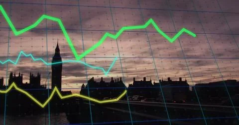 Image of financial data processing over london cityscape Stockillustratie