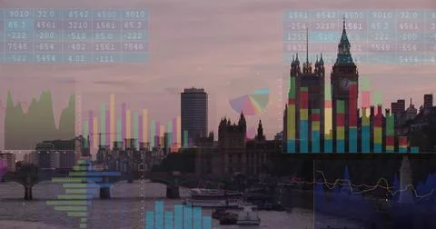 Image of financial data processing over london cityscape Ilustração Stock