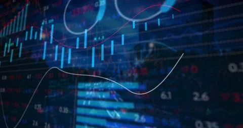 Image of financial data processing over cityscape Stock Illustration