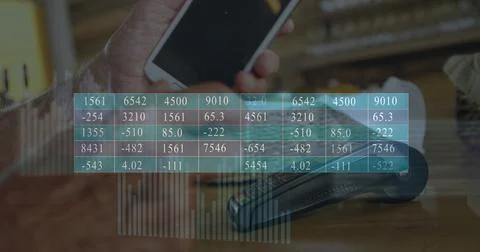 Image of financial data processing over card payment and terminal 库存插图
