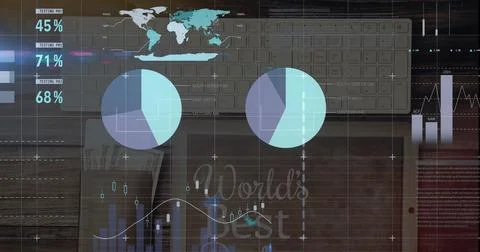 Image of financial data processing over keyboard, tablet and banknotes on desk Stock Illustration