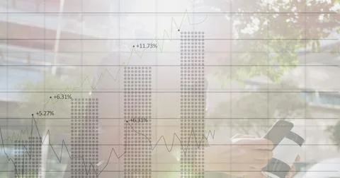 Image of financial data processing over caucasian man using smartphone Stock Illustration