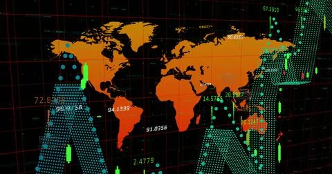 Image of financial data processing over world map against black background Illustrazione stock