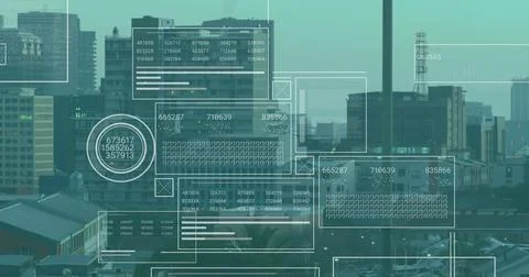 Image of financial data processing over cityscape Illustrazione stock
