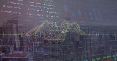 Image of financial data processing over cityscape Ilustração Stock