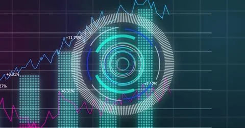 Image of financial data processing over scope scanning on black background Stockillustratie