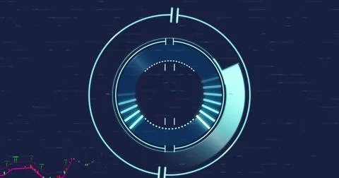 Image of financial data processing over round scanner against blue background Ilustração Stock