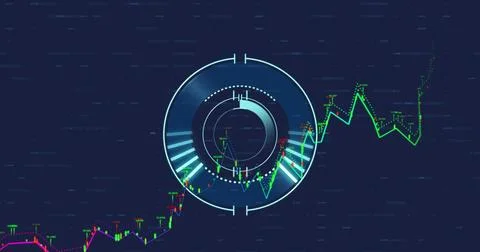 Image of financial data processing over round scanner against blue background Ilustração Stock