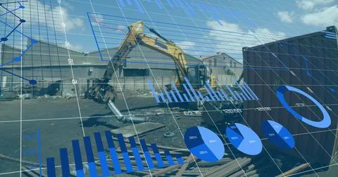 Image of financial data processing over grid and landfill site Stock Illustration