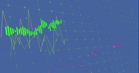Image of financial data processing over blue background Stockillustratie