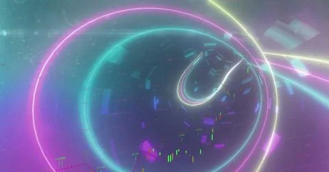 Image of financial data processing over neon tunnel in seamless pattern on Illustrazione stock