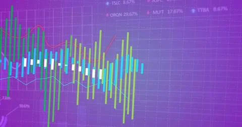 Image of financial data processing over purple background Illustrazione stock