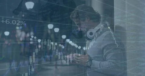 Image of financial data processing over happy caucasian man using smartphone on Stock Illustration