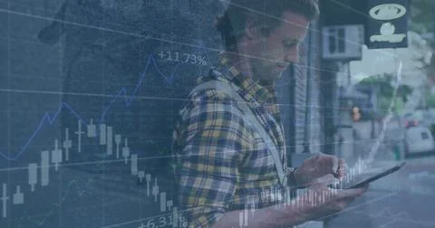 Image of financial data processing over happy caucasian man using smartphone on Stock Illustration