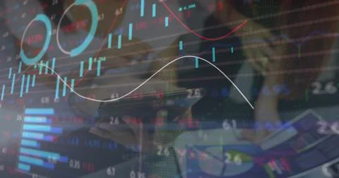 Image of financial data processing over diverse business people using tablet Stock Illustration