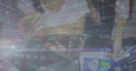 Image of financial data processing over diverse business people using tablet Stock Illustration