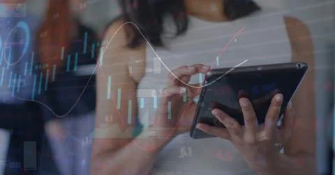 Image of financial data processing over biracial businesswoman using tablet Stock Illustration