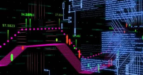Image of financial data processing over circuit board background Stock Illustration