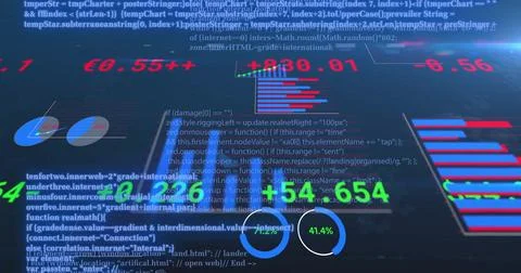 Image of financial data processing over diverse business people in office 스톡 일러스트