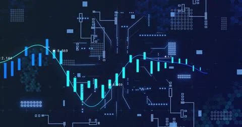 Image of financial data processing over circuit board background Stock Illustration