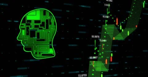Image of financial data processing over circuit board head on black background Stock Illustration