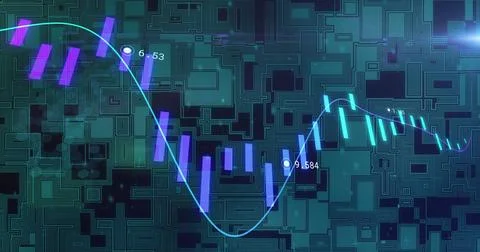 Image of financial data processing over circuit board background Illustrazione stock