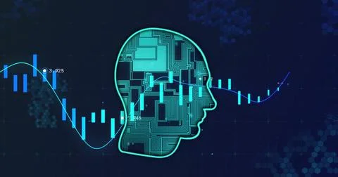 Image of financial data processing over circuit board head on black background Stock Illustration