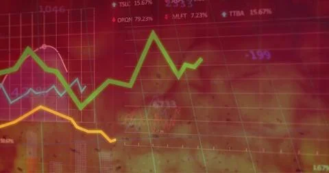 Image of financial data processing over flames Illustrazione stock