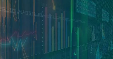 Image of financial data processing over server room Stock Illustration