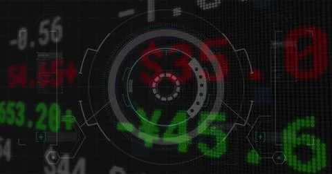 Image of financial data processing over scope scanning Illustrazione stock