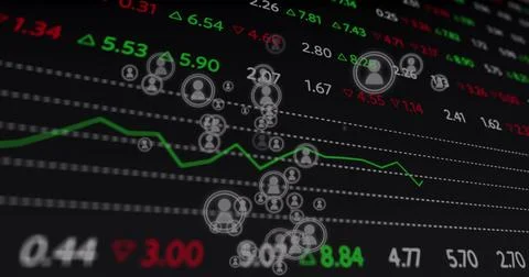 Image of financial data processing over people icons イラスト素材
