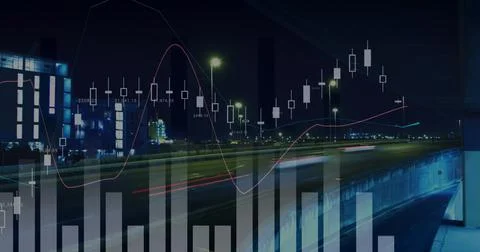 Image of financial data processing over city 库存插图