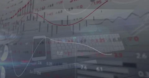 Image of financial data processing over smartphone and computer on desk Illustrazione stock