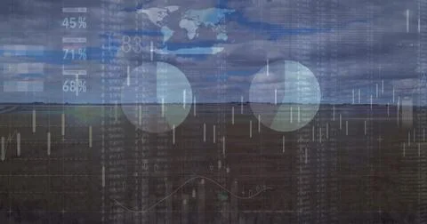 Image of financial data processing over landscape background イラスト素材