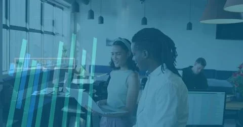 Image of financial data processing over diverse business people in office 스톡 일러스트