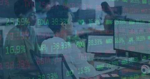 Image of financial data processing over diverse business people in office 스톡 일러스트