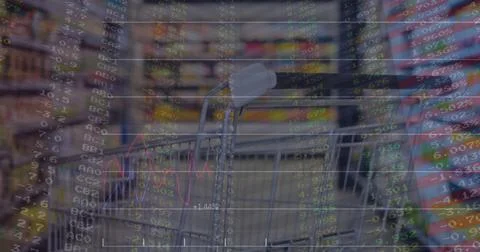 Image of financial data processing over shopping trolley in shop 스톡 일러스트