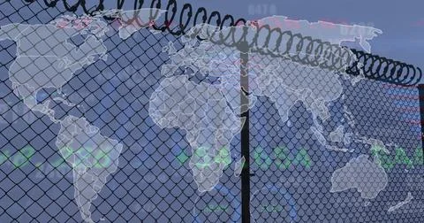 Image of financial data processing over fence and world map on blue background Stock Illustration