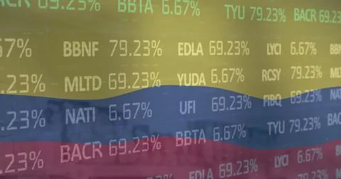 Image of financial data processing over flag of columbia Stockillustratie