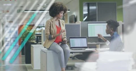 Image of financial data processing over diverse business people in office Stock Illustration